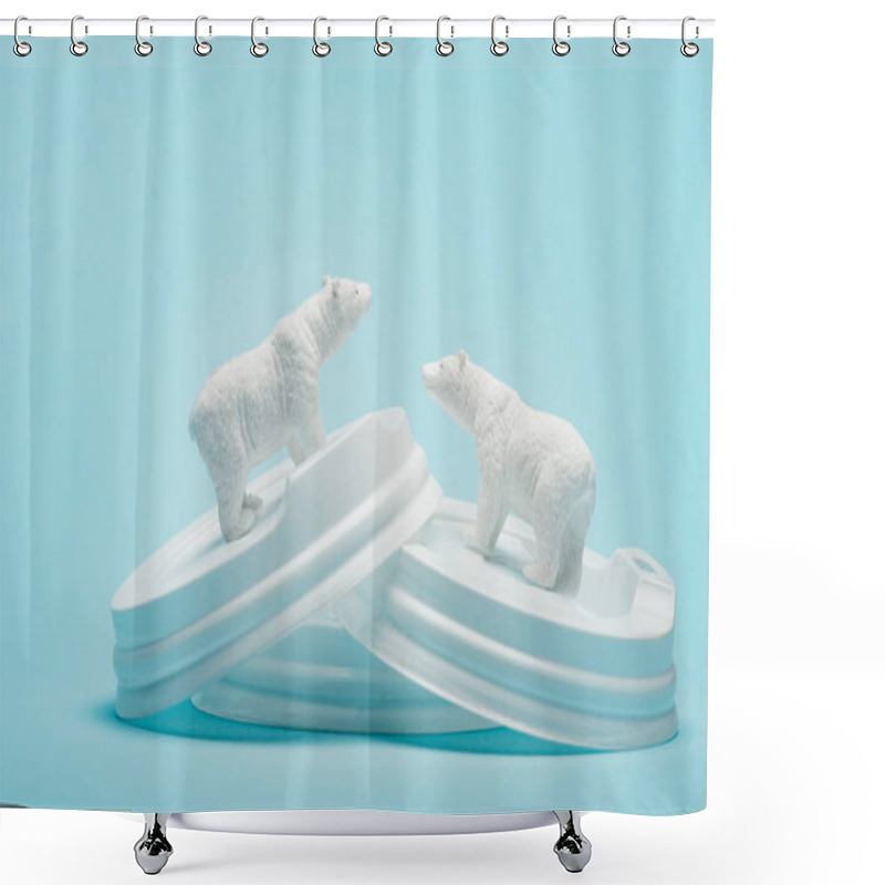 Personality  Toy Polar Bears On Plastic Coffee Lids On Blue Background, Ecological Problem Concept Shower Curtains