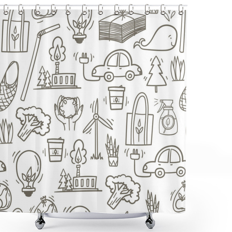 Personality  Zero Waste And Eco Living Theme Seamless Pattern Hand Drawn Doodle Style Background With Wind Mill, Electric Car, Cotton Bag, Green Energy Plant, Organic Broccoli Etc. Shower Curtains