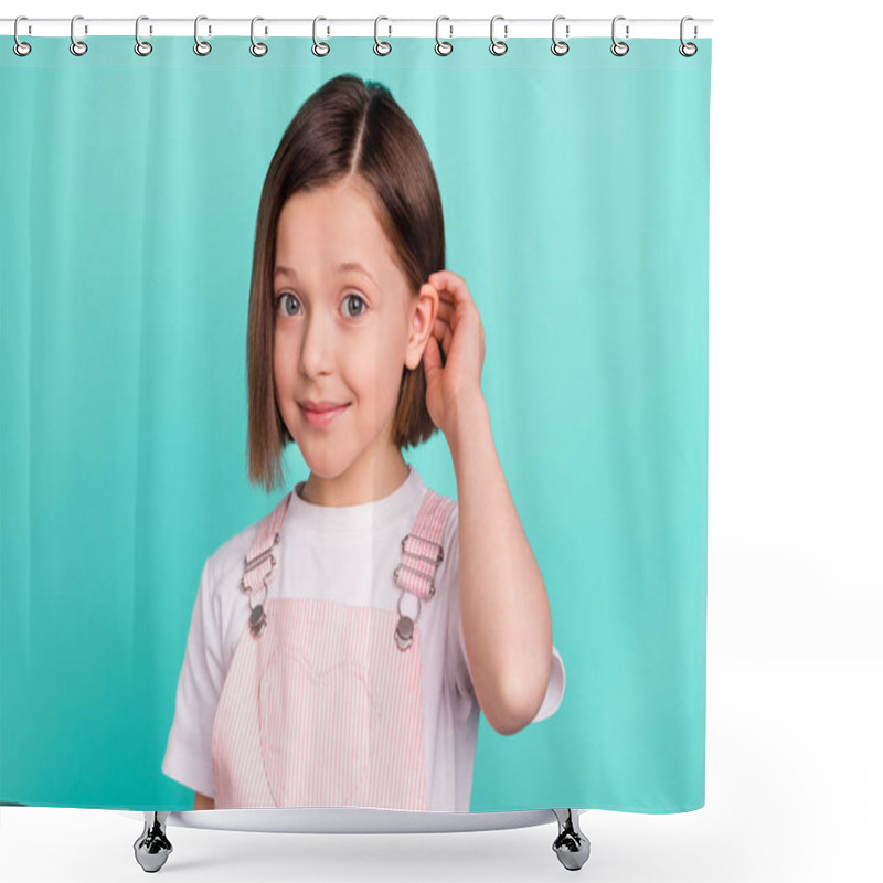 Personality  Photo Of Cheerful Cute Nice Young Little Girl Touch Hair Good Mood Smile Isolated On Pastel Teal Color Background Shower Curtains