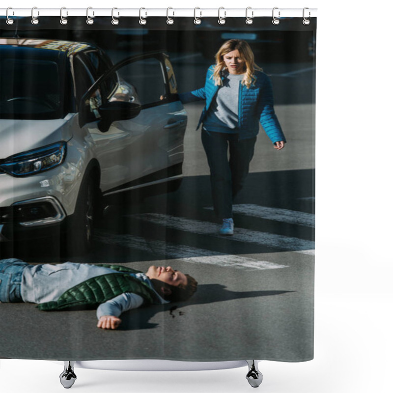 Personality  Scared Woman Opening Car Door And Going To Injured Young Man Lying On Road After Traffic Accident   Shower Curtains