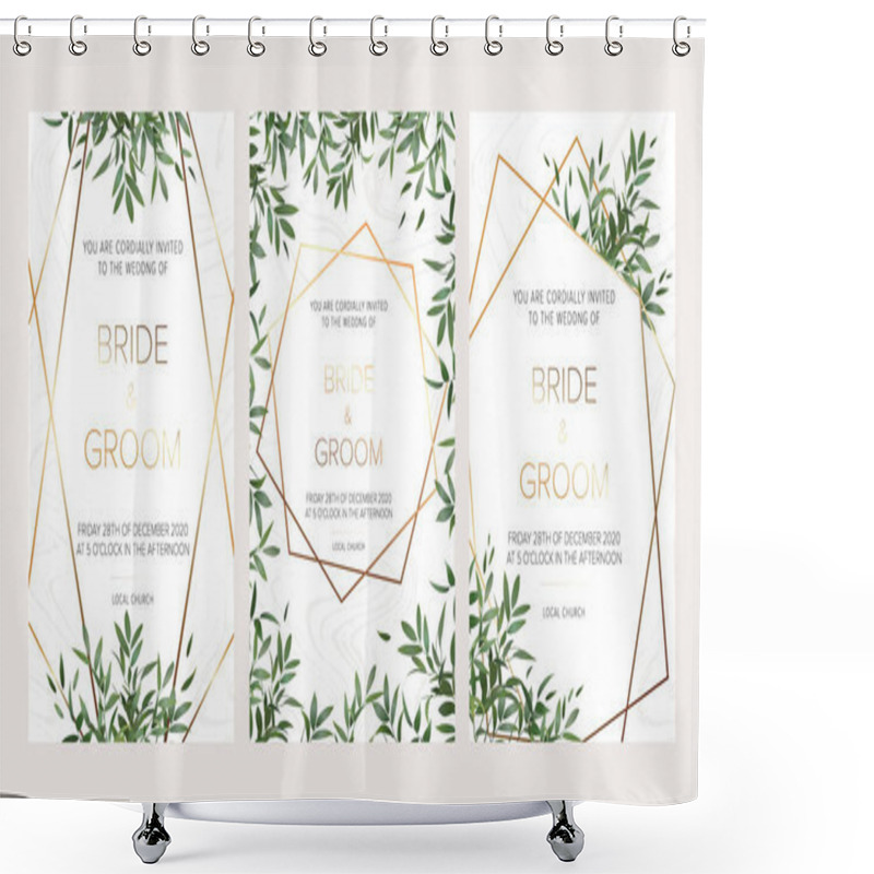 Personality  Wedding Floral Invitation, Thank You Modern Card: Ruscus Italian Wreath On White Marble Texture With A Golden Geometric Pattern. Elegant Rustic Template. All Elements Are Isolated And Editable Shower Curtains