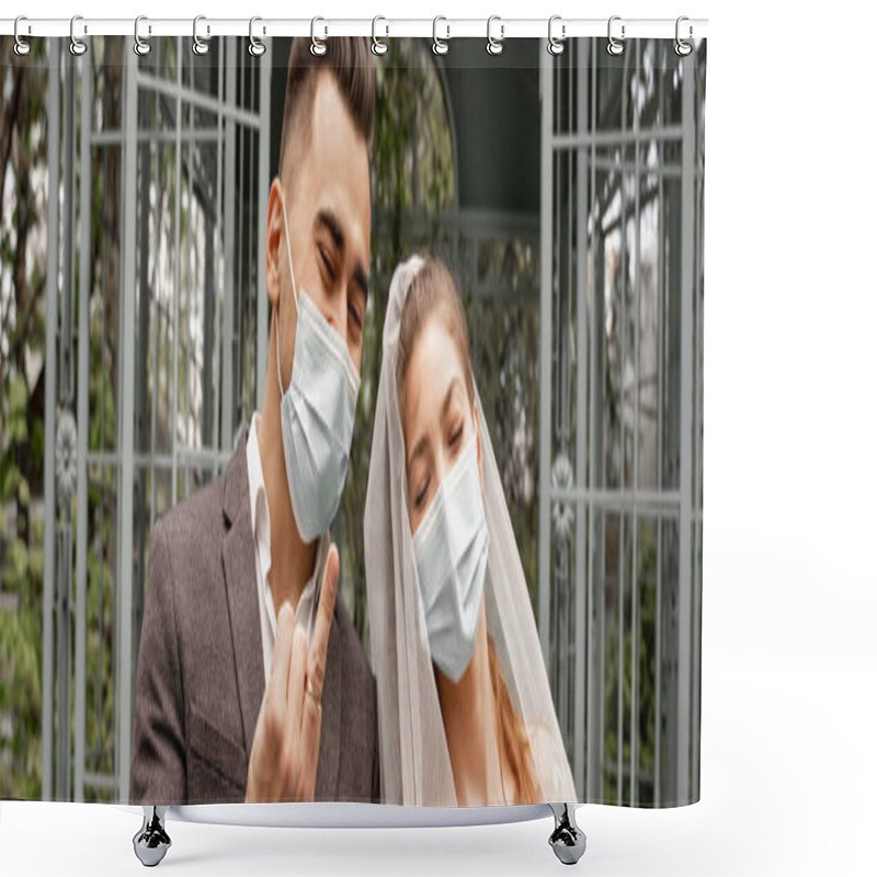 Personality  Young Man Showing Wedding Ring Near Bride In Medical Mask, Banner Shower Curtains