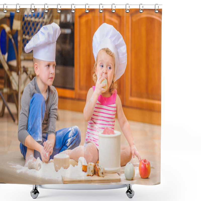 Personality  Two Siblings - Boy And Girl - In Chef's Hats Sitting On The Kitc Shower Curtains