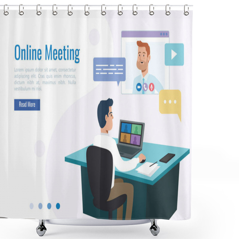 Personality  Businessman With Video Conference Business Meeting Technology, Vector Illustration Shower Curtains