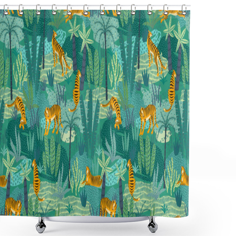 Personality  Seamless Exotic Pattern With Tigers In The Jungle. Shower Curtains