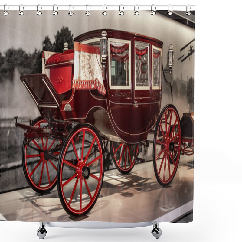 Personality  SHANGHAI, CHINA - MAY 17, 2018: Shanghai Auto Museum Exhibits A Collection Of Vintage And Modern Automobiles, Details And The Device And Development Automotive Industry. Exebition In Shanghai City Of China. Shower Curtains