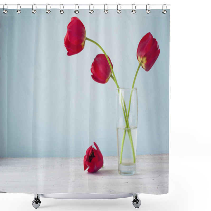 Personality  Still Life With Red Tulips And Pear Shower Curtains