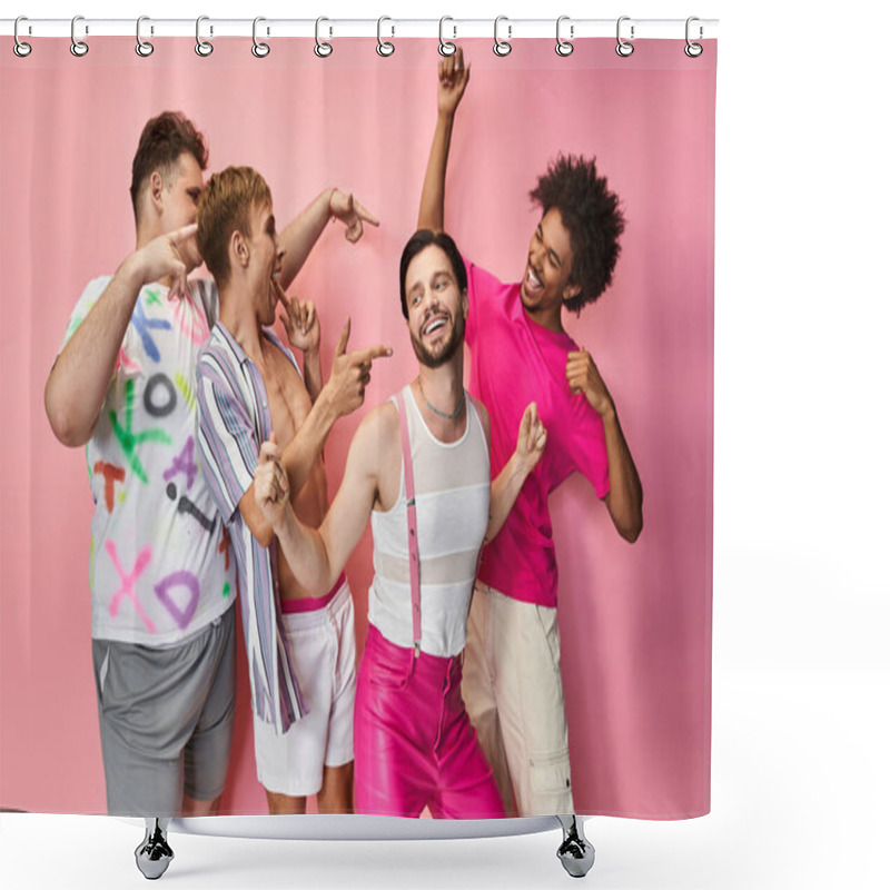 Personality  Four Friends Joyfully Celebrate Their Identities While Posing Against A Vivid Pink Backdrop. Shower Curtains