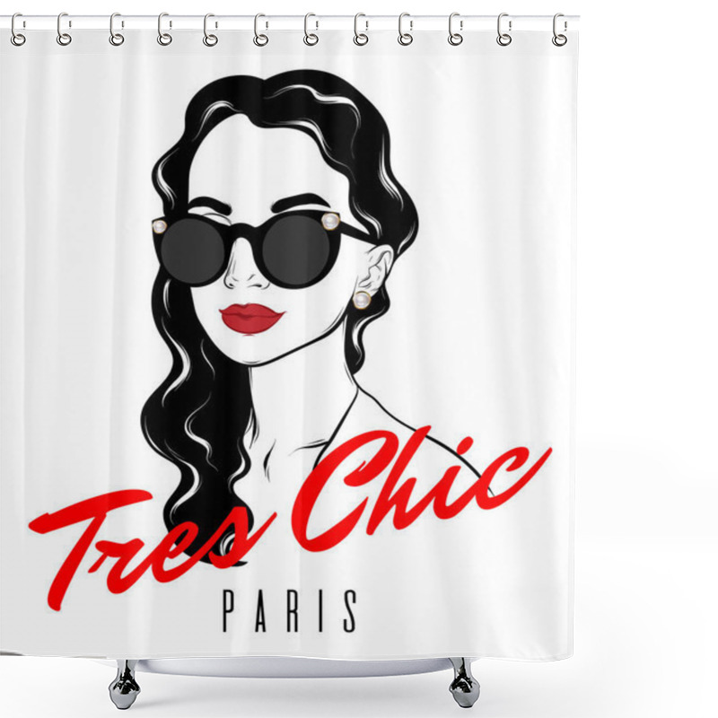 Personality  Tres Chic. Paris. Vector Hand Drawn Illustration Of Girl With Curly Hair Isolated. Template For Card, Poster, Banner, Print For T-shirt, Pin, Badge, Patch. Shower Curtains