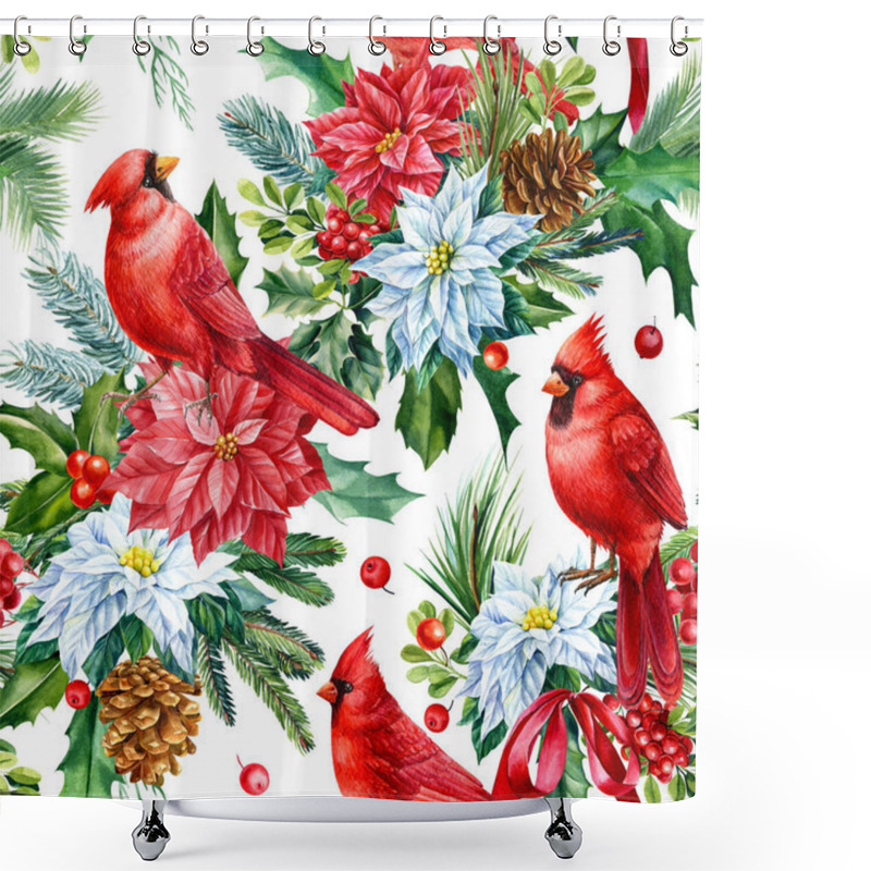 Personality  Seamless Pattern With Red Birds, Winter Plants, Poinsettia, Holly, Berries And Leaves. Watercolor Illustration. High Quality Illustration Shower Curtains