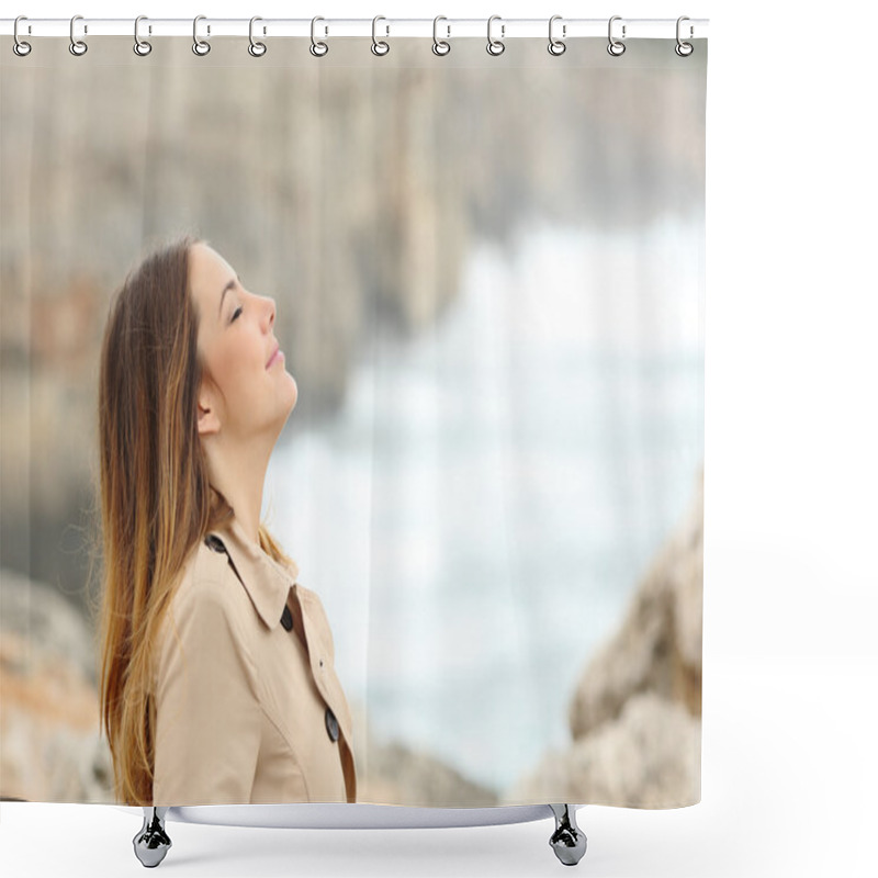 Personality  Woman Breathing Fresh Air In Winter On The Beach Shower Curtains