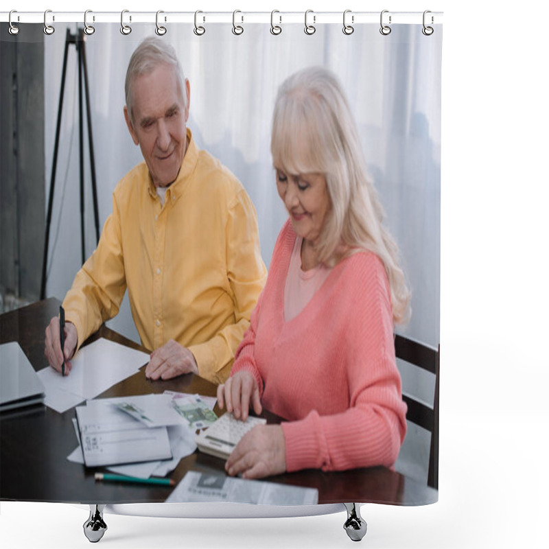 Personality  Senior Coupe Sitting At Table With Calculator And Counting Money Shower Curtains