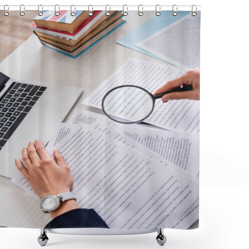 Personality  Partial View Of Translator Holding Magnifier Above Documents Near Laptop And Dictionaries Of Foreign Languages Shower Curtains