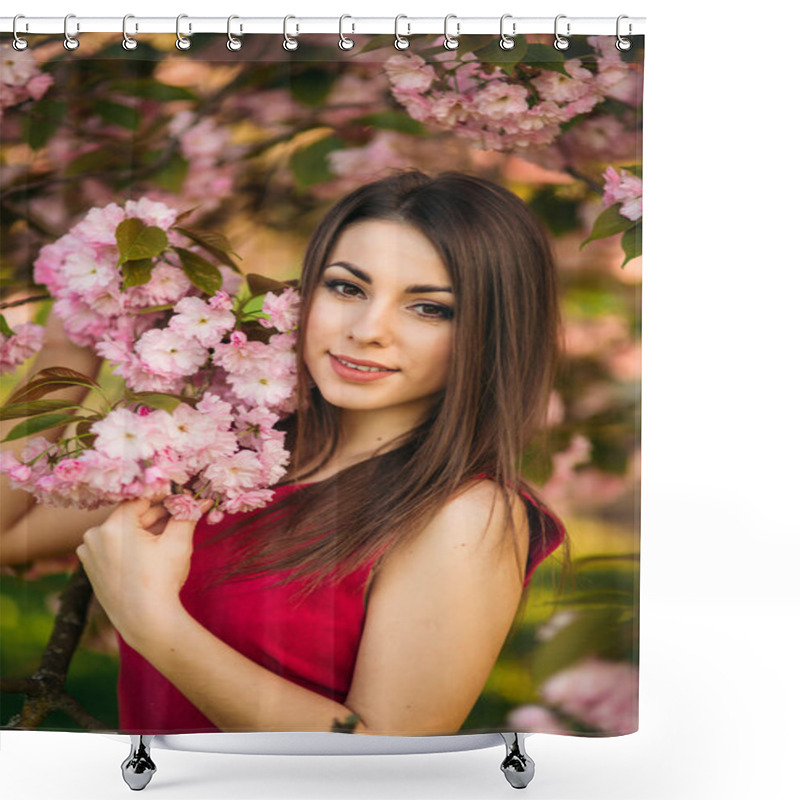 Personality  Portrait Of Beutiful Girl In Sakura Tree. Sakura Flowers Surround The Girl. Sakura Branch By Her Face. Japanese Tree Shower Curtains