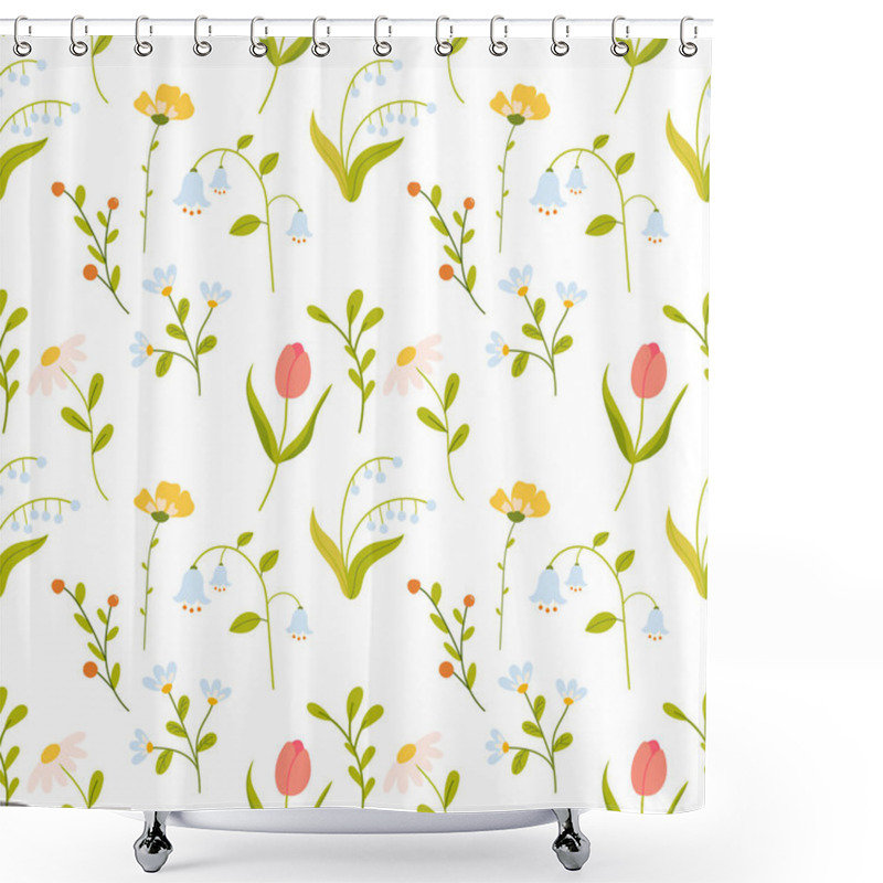 Personality  Colorful Floral Pattern Featuring Tulips, Lilies, And Small Wildflowers On A Light Background Creating A Vibrant Design Shower Curtains