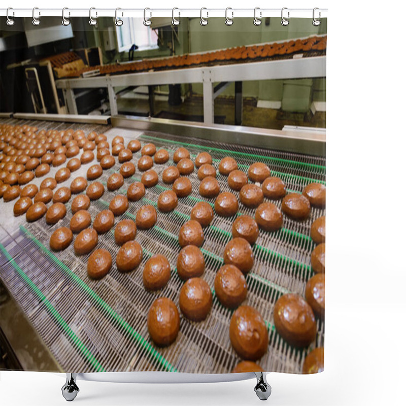 Personality  Confectionery Factory. Production Line Of Baking Cookies. Glazed Shower Curtains