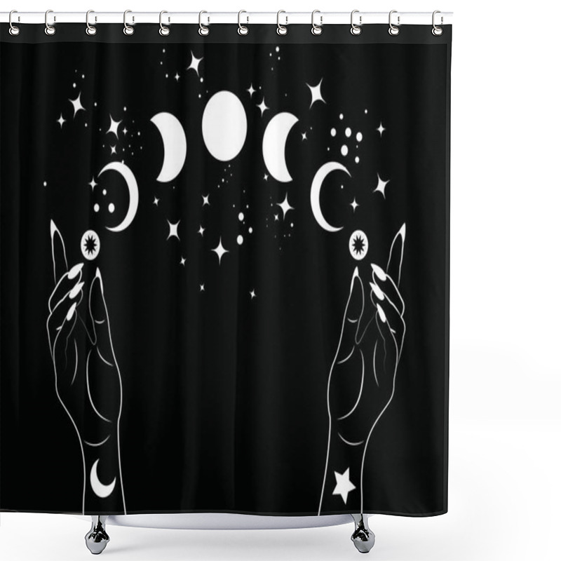 Personality  Mystical Moon Phases And Woman Hands, Triple Moon Pagan Wiccan Goddess Symbol, Alchemy Esoteric Magic Space, Sacred Wheel Of The Year, Vector Isolated On Black Background Shower Curtains