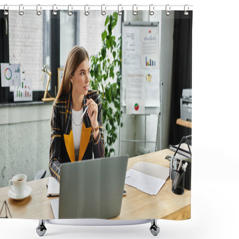 Personality  Stylish Businesswoman Focused On Her Tasks At A Modern Office Workspace. Shower Curtains