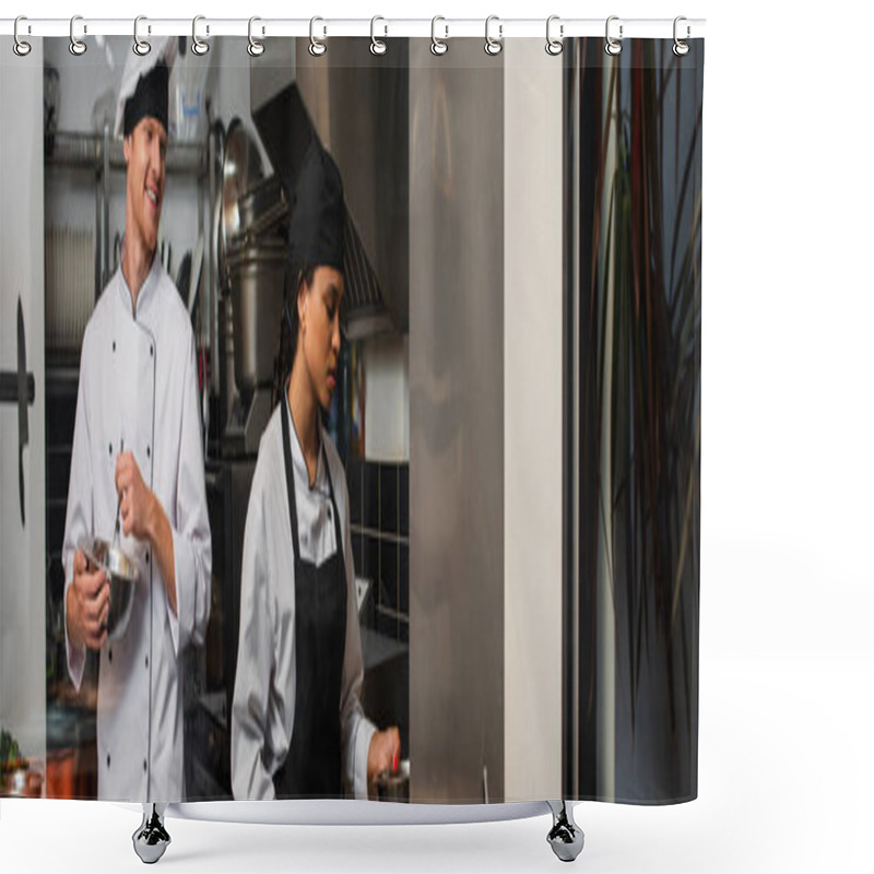 Personality  Cheerful Chef Whisking Eggs And Looking At African American Colleague In Kitchen, Banner Shower Curtains