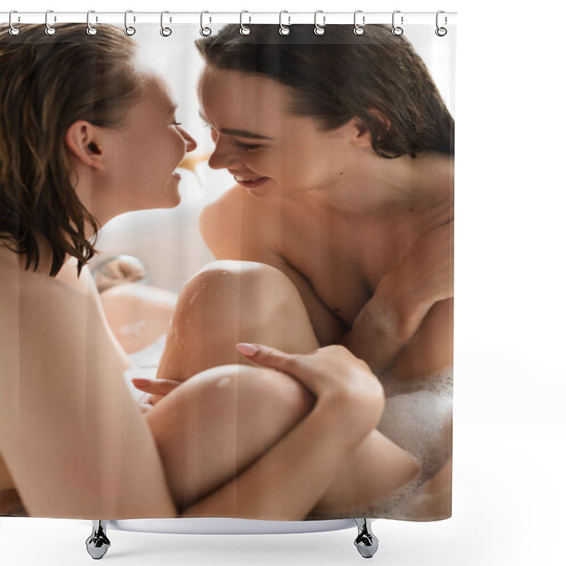 Personality  Young And Happy Lesbian Couple Taking Bath At Home  Shower Curtains