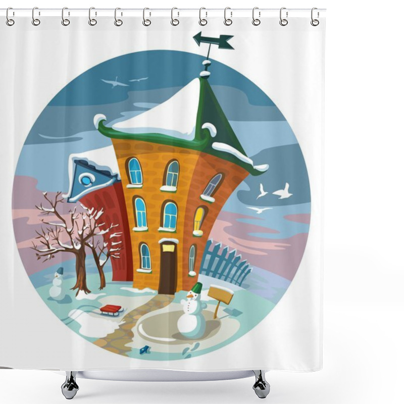 Personality  Winter Cute Little Houses, Illustration. Shower Curtains