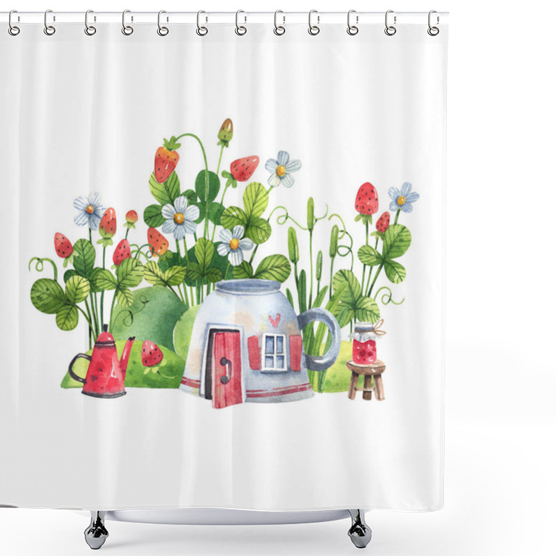 Personality  Fairy Tale House Porcelain Cup With Red Wooden Door, Window On Strawberry Background Watercolor Illustration. Strawberry Jam, Strawberry Tea Illustration Hand Drawn In Cartoon Style. Shower Curtains