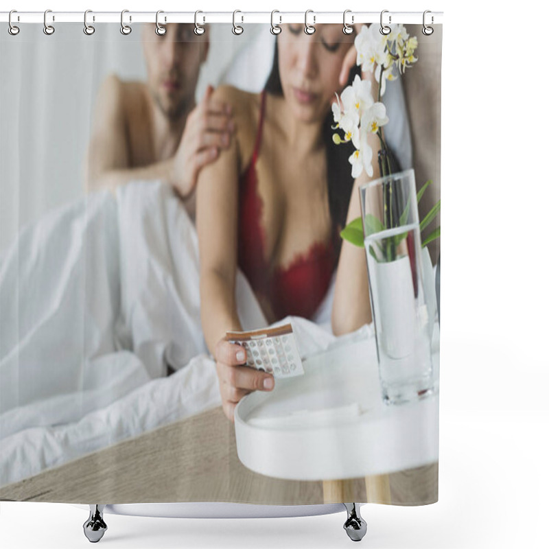 Personality  Selective Focus Of Man Touching Shoulder Of Asian Girlfriend Holding Birth Control Pills Shower Curtains