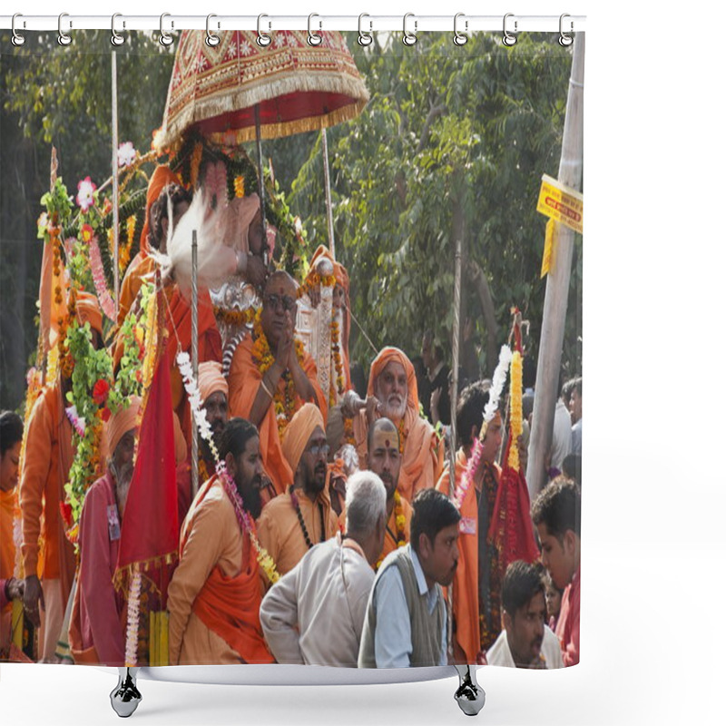 Personality  Indian Sadhu Follows Down Street In Entourage Of Devotees And Pilgrims During Celebration Festival Kumbha Mela In Haridwar, India. Shower Curtains