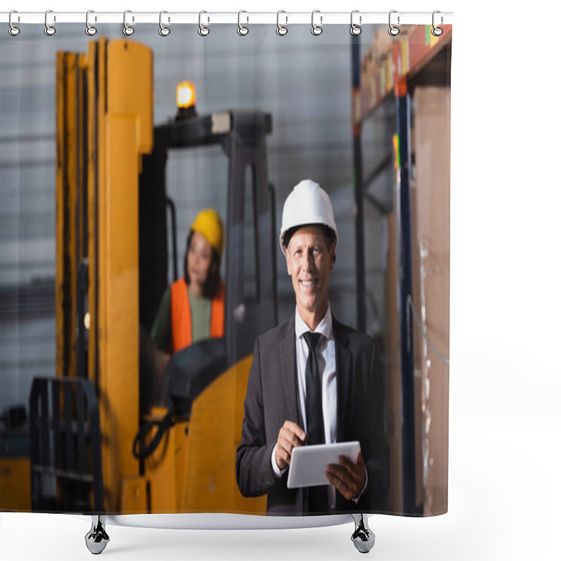 Personality  Middle Aged Warehouse Supervisor In Suit And Hard Hat Using Tablet While Smiling At Camera Shower Curtains