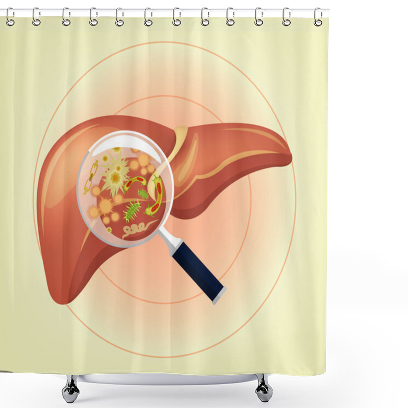 Personality  Liver With Germs And Bacteria And Magnifier. Vector Illustration Shower Curtains