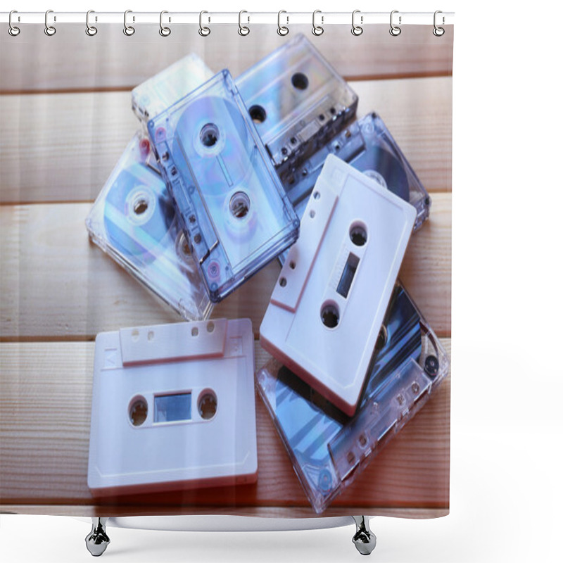 Personality  Collection Of Retro Audio Tapes, Close Up Shower Curtains