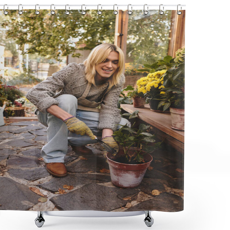 Personality  A Young And Stylish Person Kneels Down To Carefully Nurture A Potted Plant In A Charming Garden. The Surroundings Are Full Of Blooming Flowers And Greenery, Creating A Serene Atmosphere. Shower Curtains