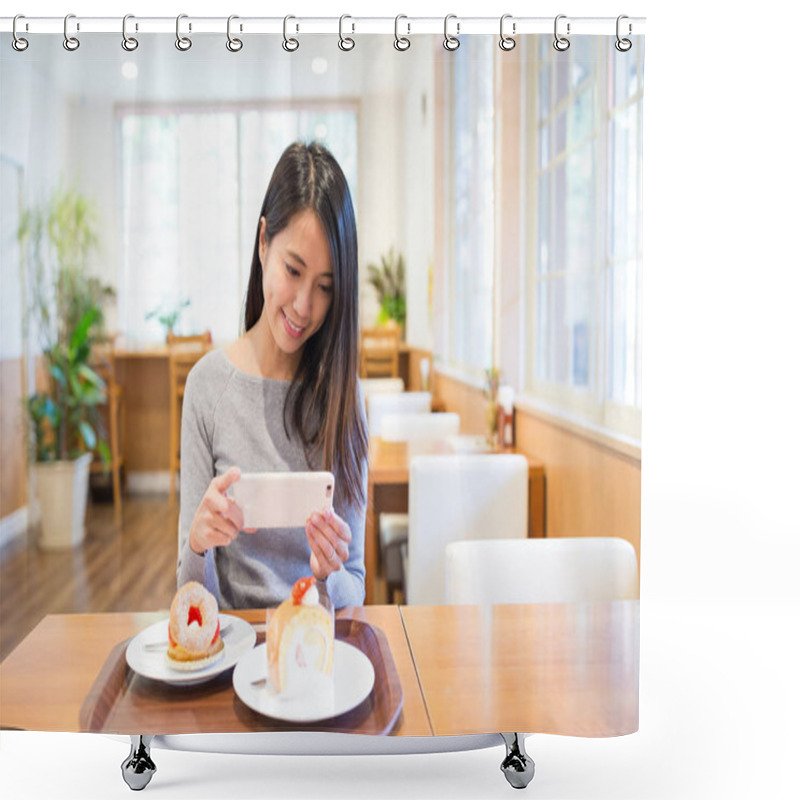 Personality  Woman Taking Photo In Cafe Shop Shower Curtains