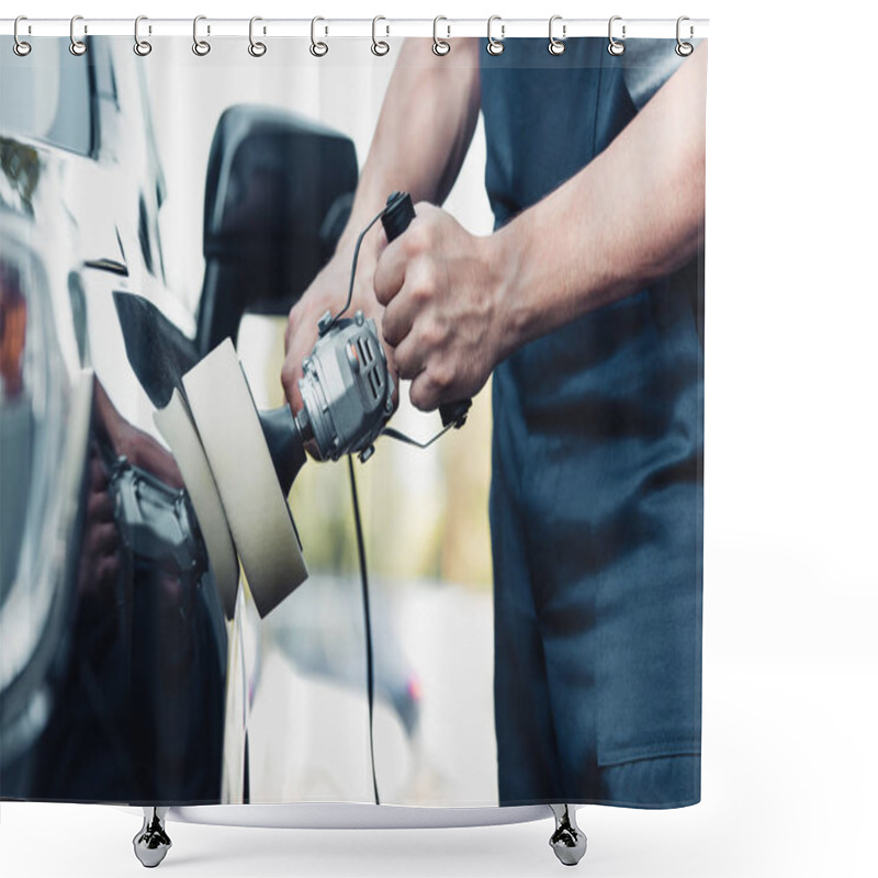 Personality  Cropped View Of Car Cleaner Polishing Car With Buffer Machine Shower Curtains