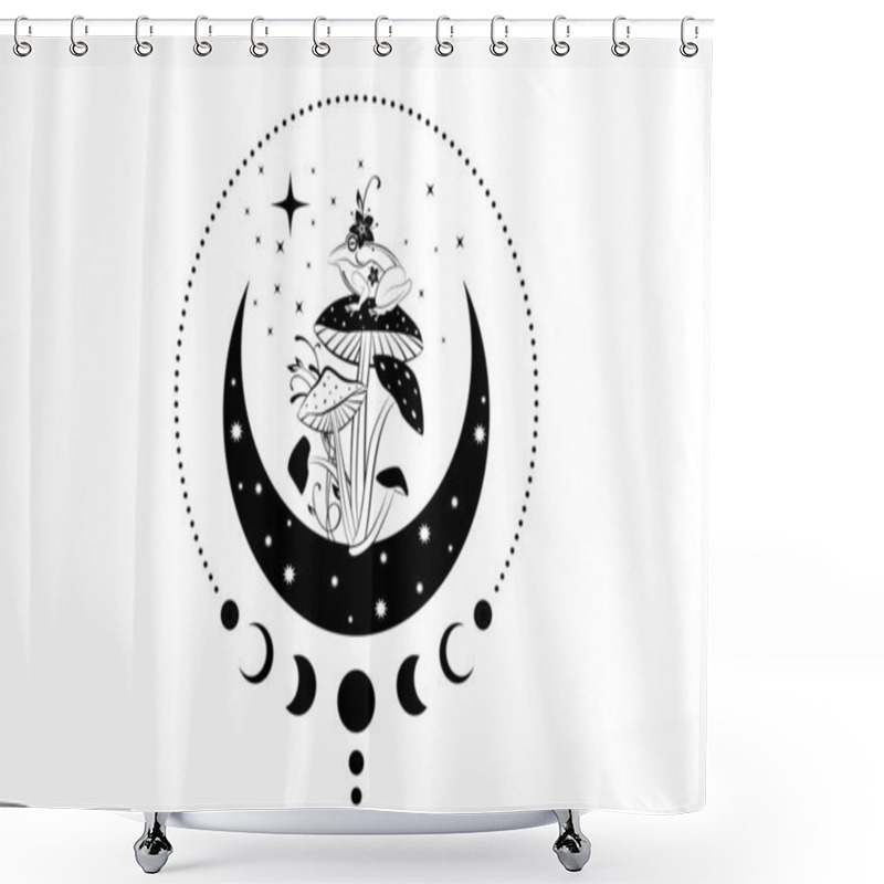 Personality  Spiritual Sacred Frog Over Magic Mushroom In Witchcraft Crescent Moon. Mystical Celestial Toad With Moon Phases And Stars. Witchy Esoteric Fungus Logo Tattoo. Wiccan Clipart Isolated On White Shower Curtains