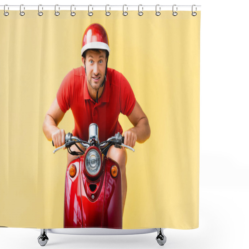 Personality  Excited Man In Helmet Riding Red Scooter On Yellow Shower Curtains