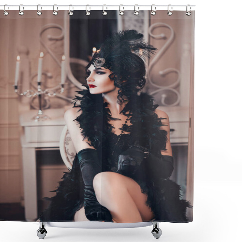 Personality  Elegant Woman In Retro Style Of The 20s, Lady Flapper In A Black Dress, Dark Hair And A Bandage, Feather Boa, Long Gloves. Image Of A Gangster Girl On A Party, Old Fashion. Art Processing Shower Curtains