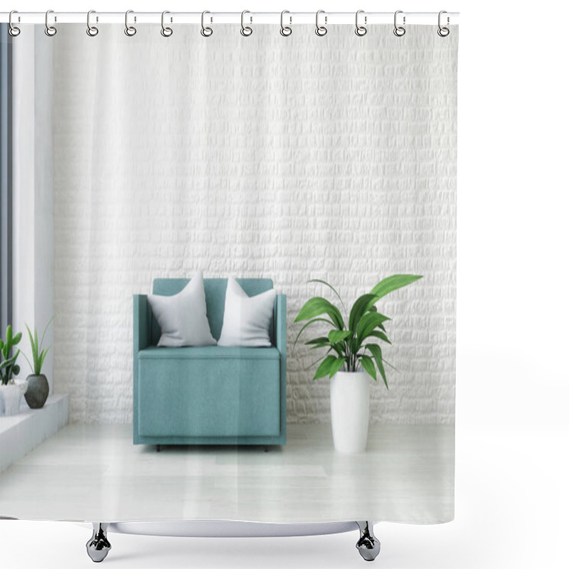 Personality  Modern Interior Room With A Turquoise Armchair Or Small Sofa And Several Plants Near The White Brick Wall With Wooden Floor, Artistic Decor, Fashion Conceptual Style, 3D Rendering Graphic Design Shower Curtains