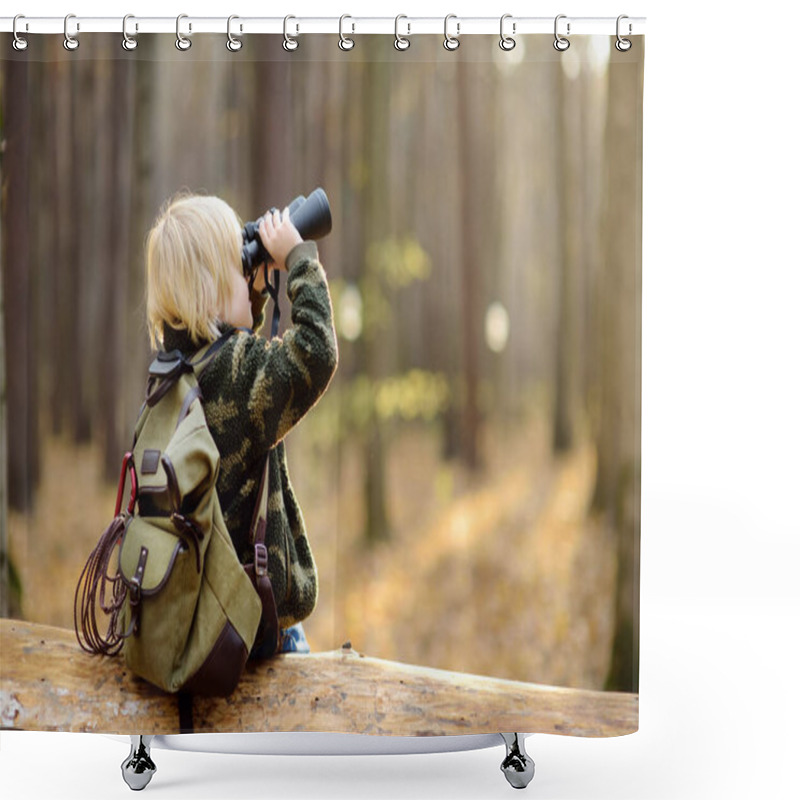 Personality  Little Boy Scout With Binoculars During Hiking In Autumn Forest. Child Is Sitting On Large Fallen Tree And Looking Through A Binoculars. Shower Curtains