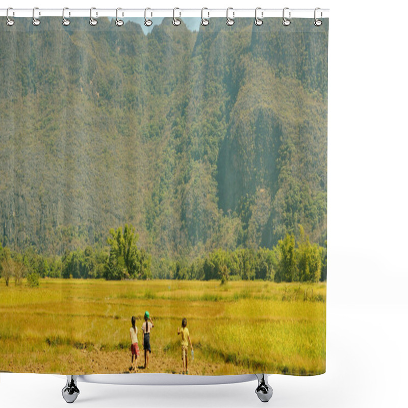 Personality  Girls Walking In A Rice Paddy Field Shower Curtains