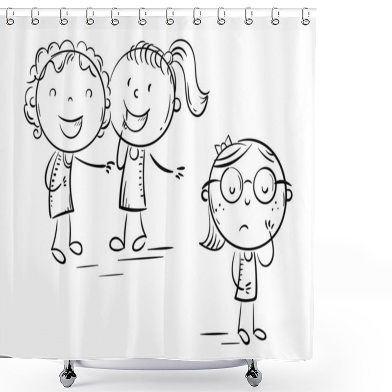 Personality  Children Laughing And Pointing At The Shy Girl In Glasses, School Bullying, Outline Doodle Drawing Shower Curtains