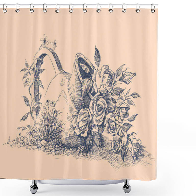 Personality  Flowers In Ceramic Pot In The Garden Vector Hand Drawing Shower Curtains