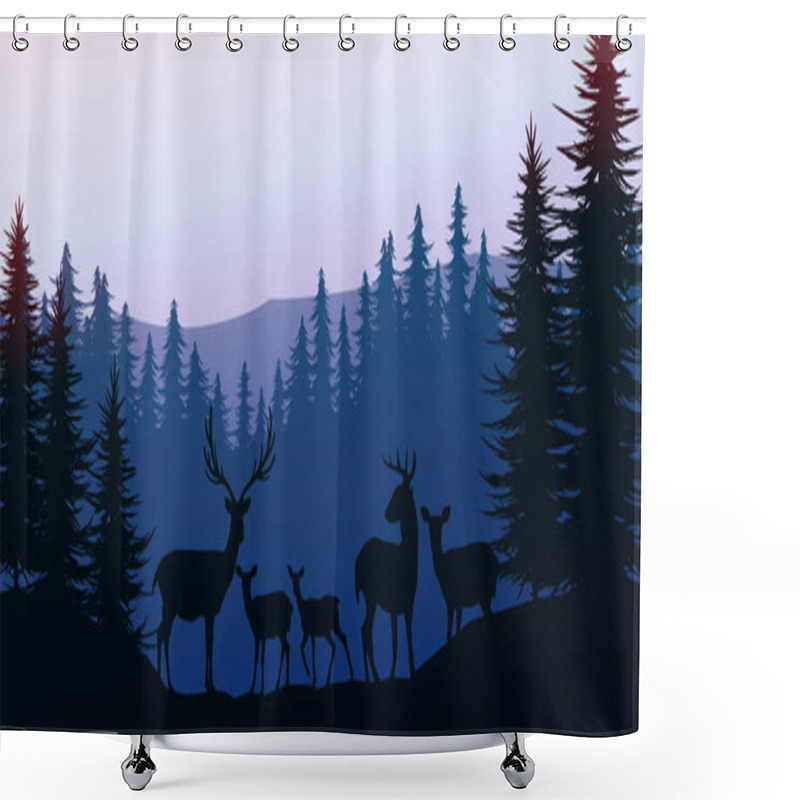 Personality  Herd Of Deer In The Natural Forest. Wild Animals. Mountains Horizon Hills Silhouettes Of Trees. Evening Sunrise And Sunset. Landscape Wallpaper. Illustration Vector Style. Colorful View Background.   Shower Curtains