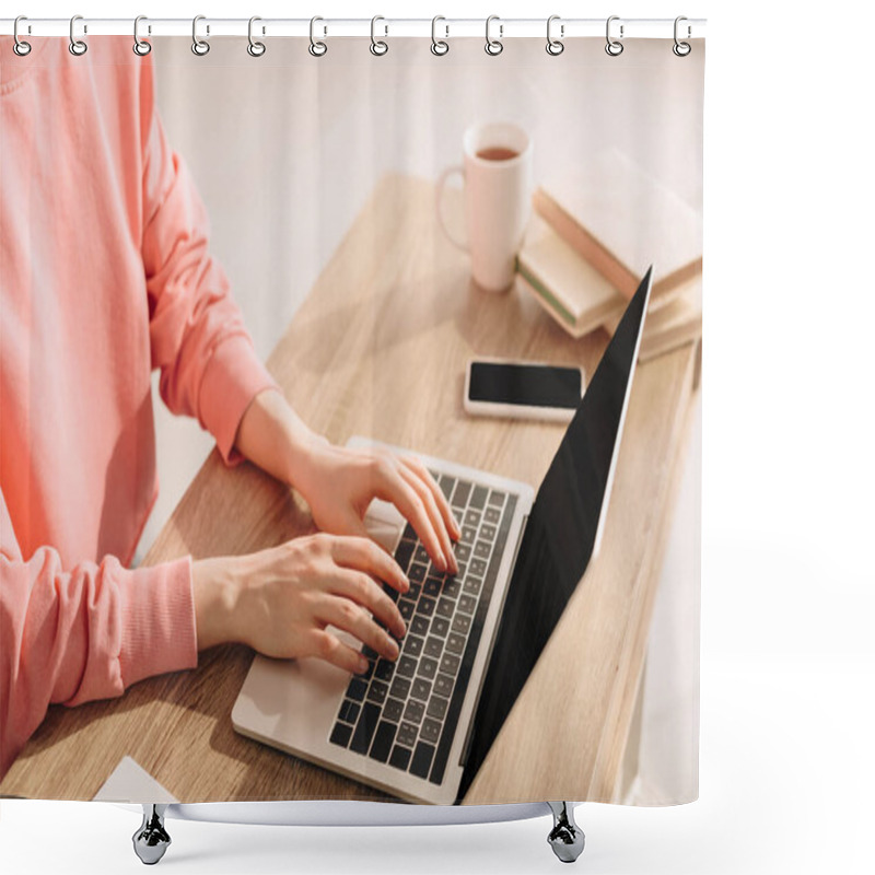 Personality  Cropped View Of Freelancer Working With Laptop At Table  Shower Curtains