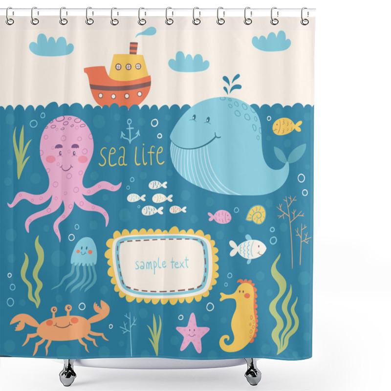 Personality  Sea Life Vector Set. Illustration Of Marine Animals Shower Curtains