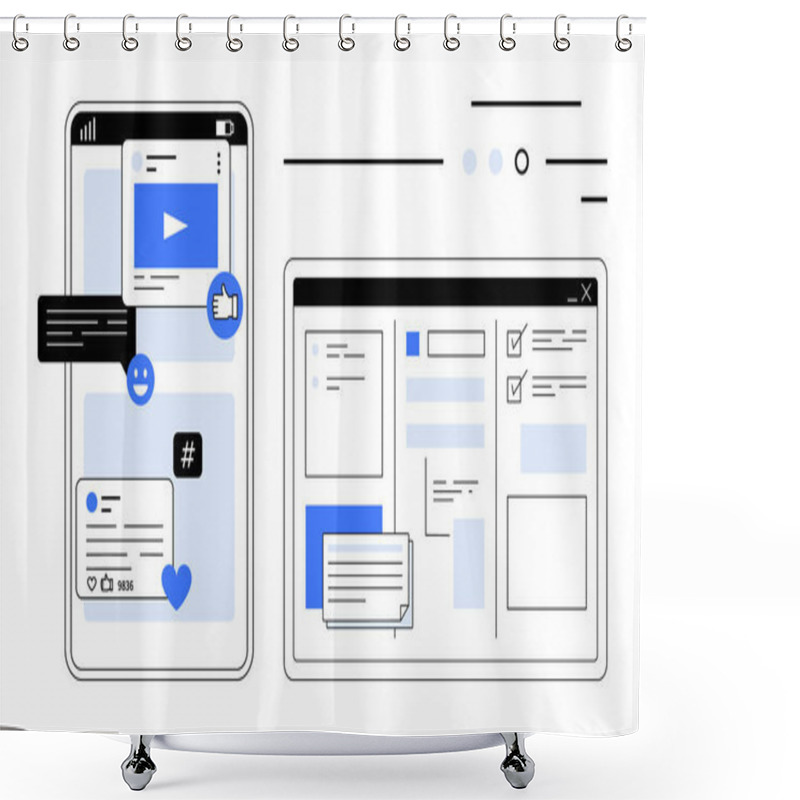 Personality  Smartphone Displaying Social Media Interactions And Notifications Alongside A Desktop Screen With Work-related Documents And Notifications. Ideal For Social Media, Work Productivity, Multitasking Shower Curtains