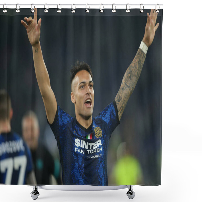 Personality  ROME, Italy - 11.05.2022: LAUTARO MARTINEZ Celebrates Victory At End Of The Football Match Italy Cup Final 2022 Trophy  Between FC JUVENTUS TURIN VS FC INTERNAZIONALE MILAN  At Olympic Stadium In Rome Shower Curtains