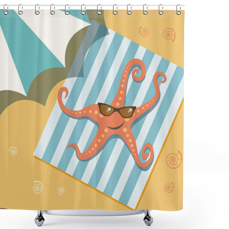 Personality  Sunbathing Starfish In Sunglasses On Beach Under Umbrella Shower Curtains