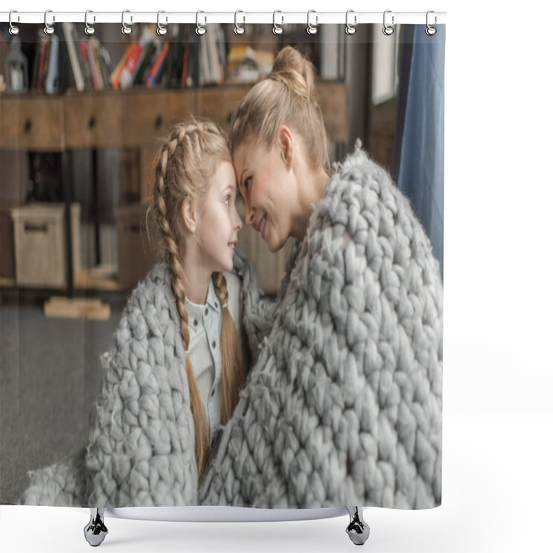 Personality  Beautiful Happy Mother And Daughter Sitting Together Under Merino Wool Blanket Shower Curtains