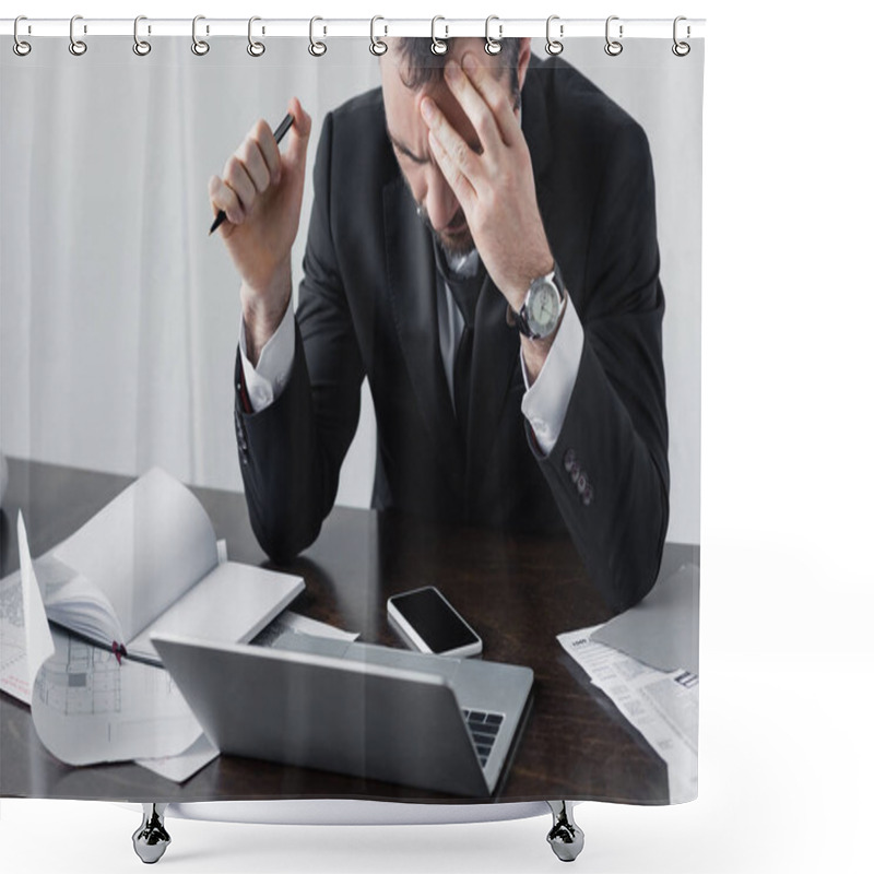 Personality  Thoughtful Businessman Sitting At Workplace Near Laptop, Documents And Smartphone With Blank Screen Shower Curtains